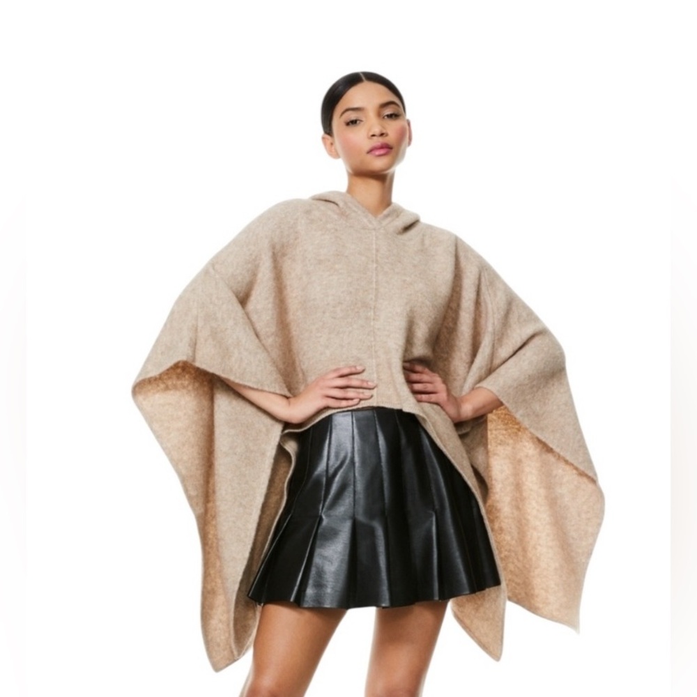 Alice + Olivia Poncho Wool Hooded Pullover Knit Oatmeal Sweater Medium Large - Picture 1 of 13